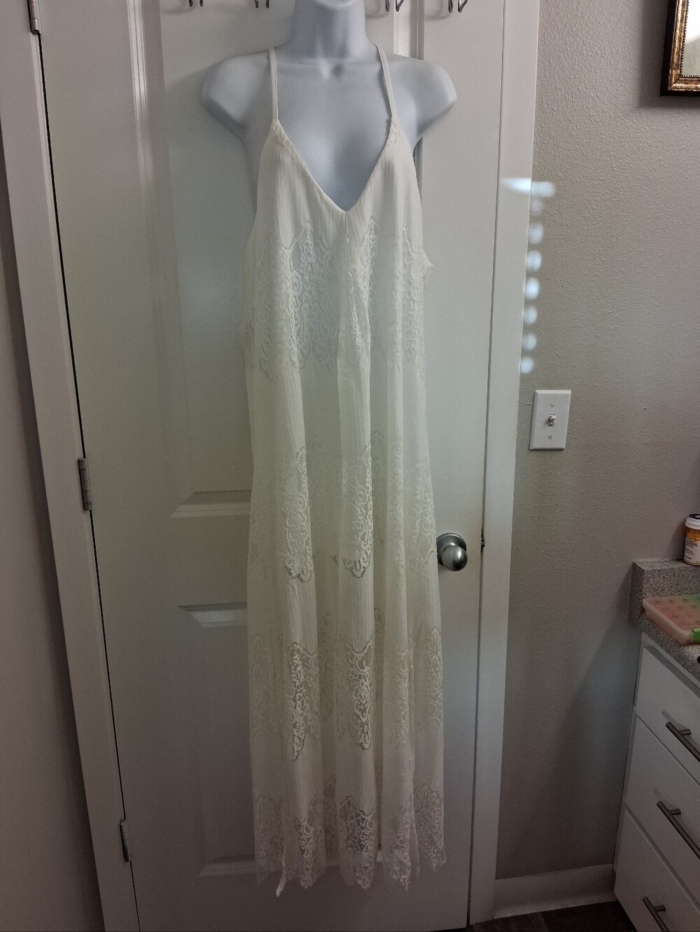 Zanzea White Lace Maxi Slip Dress with V-Neck Straps